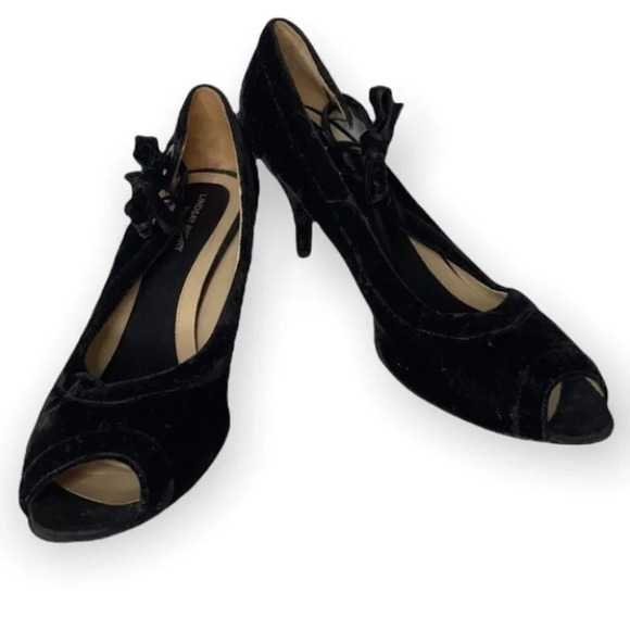 LINDSAY PERRY Velvet Leather Peep Toe Pumps Black Tied Side Size 40 - Picture 1 of 9